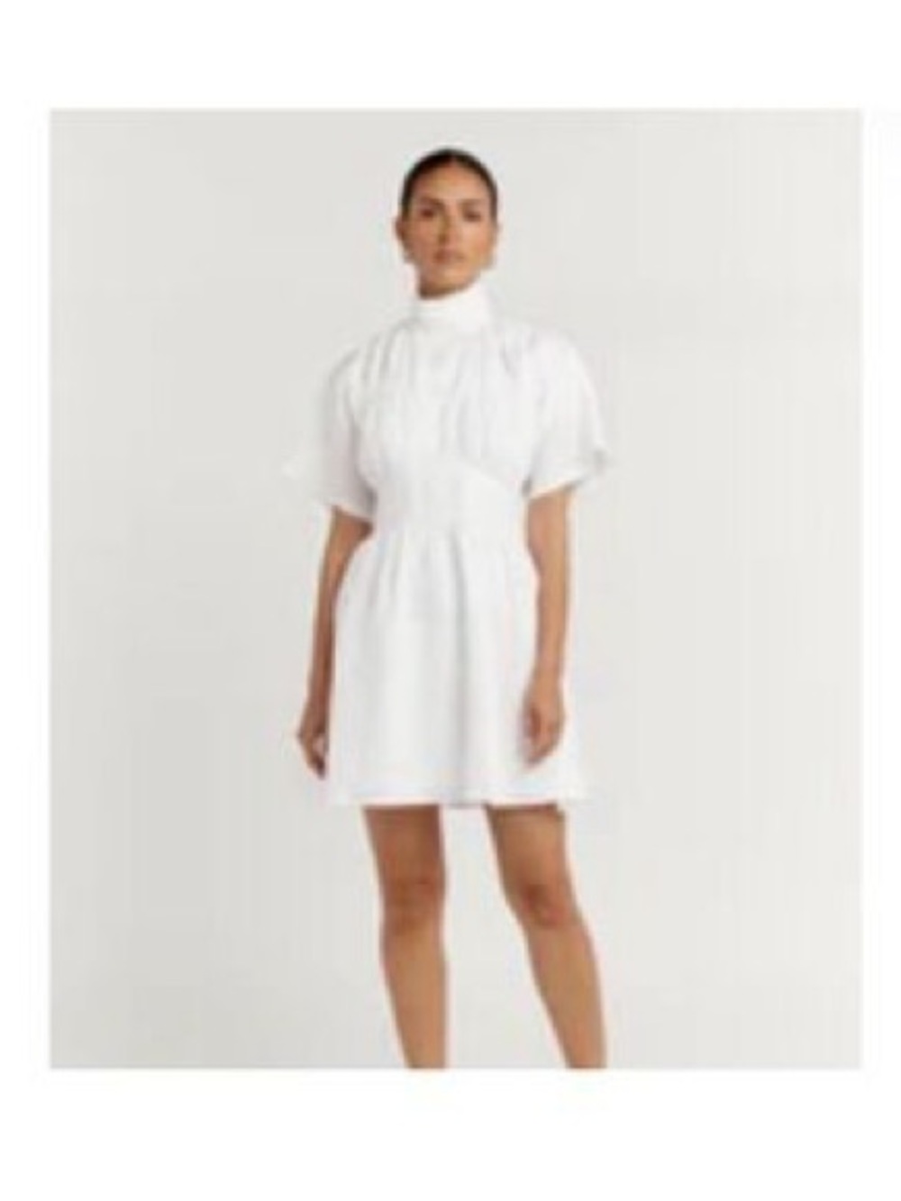 Dissh Women's White Linen High-Neck Short Sleeve Dress